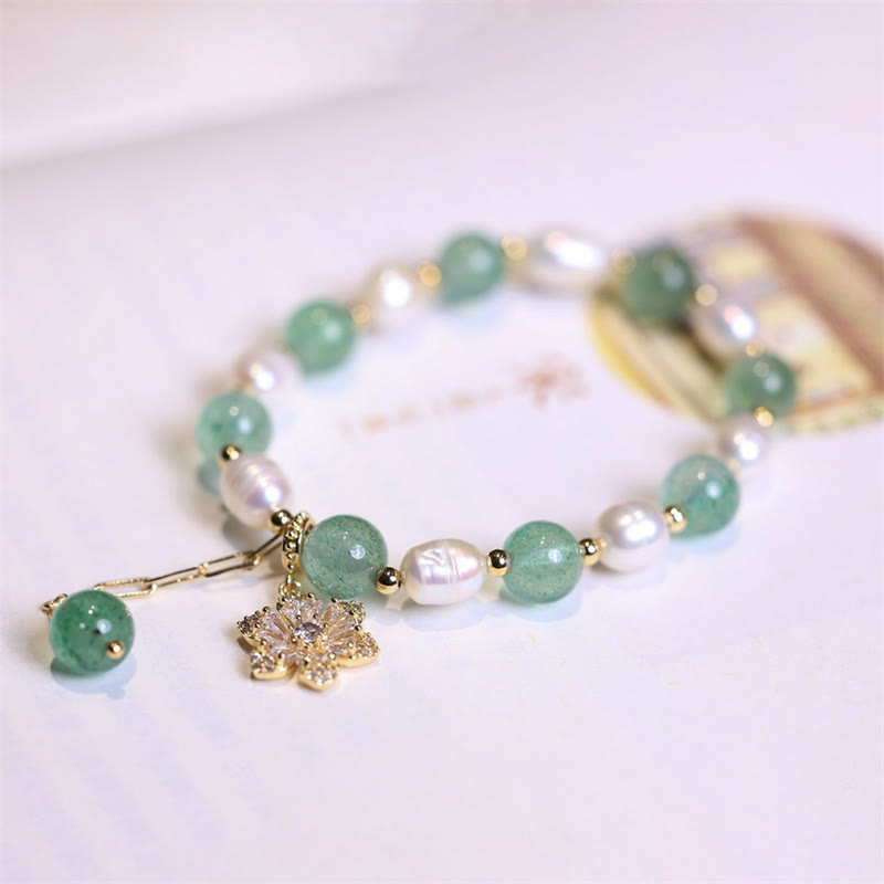 KarmaRipple's Authentic Green Strawberry Quartz Pearl Flower Talisman Love Bracelet p7