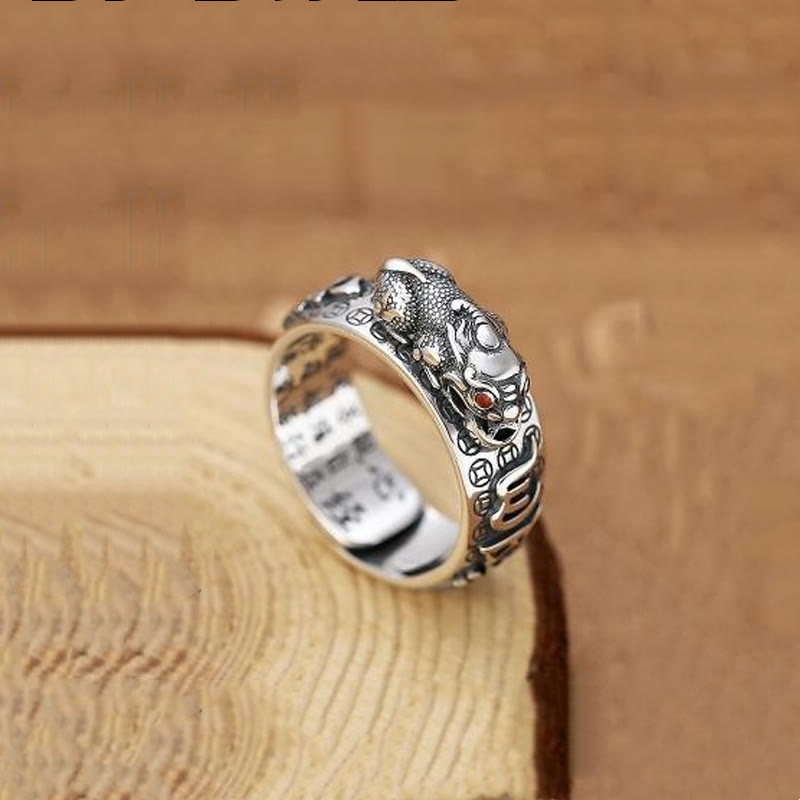 KarmaRipple's Tibetan 990 Sterling Silver Om Mani Padme Hum PiXiu Dorje Vajra Heart Sutra Engraved Wealth Ring p26