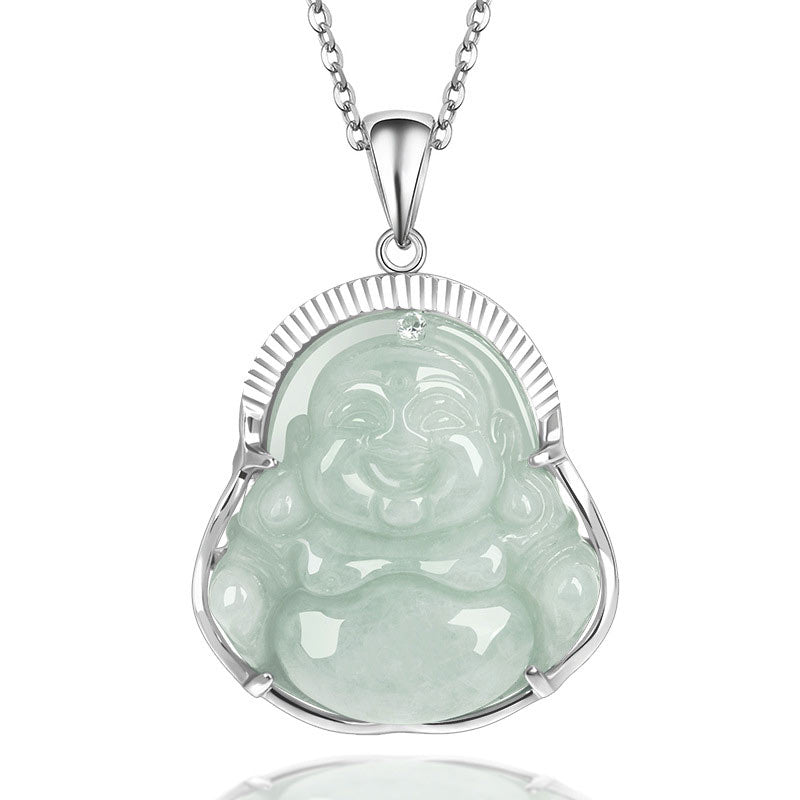 KarmaRipple's 925 Sterling Silver Laughing Buddha Jade Fortune Calm Pendant Chain Necklace p1