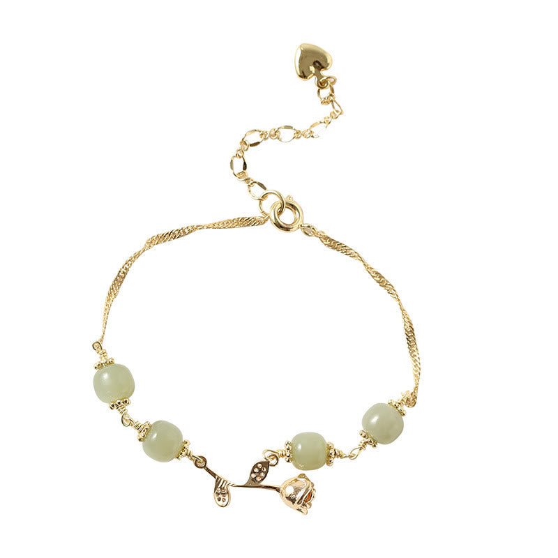 KarmaRipple's 14K Gold Plated Hetian Jade Golden Rose Flower Fortune Chain Bracelet p12