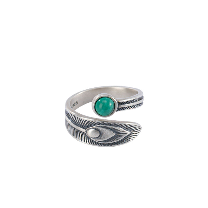 KarmaRipple's 925 Sterling Silver Malachite Bead Feather Protection Ring p8