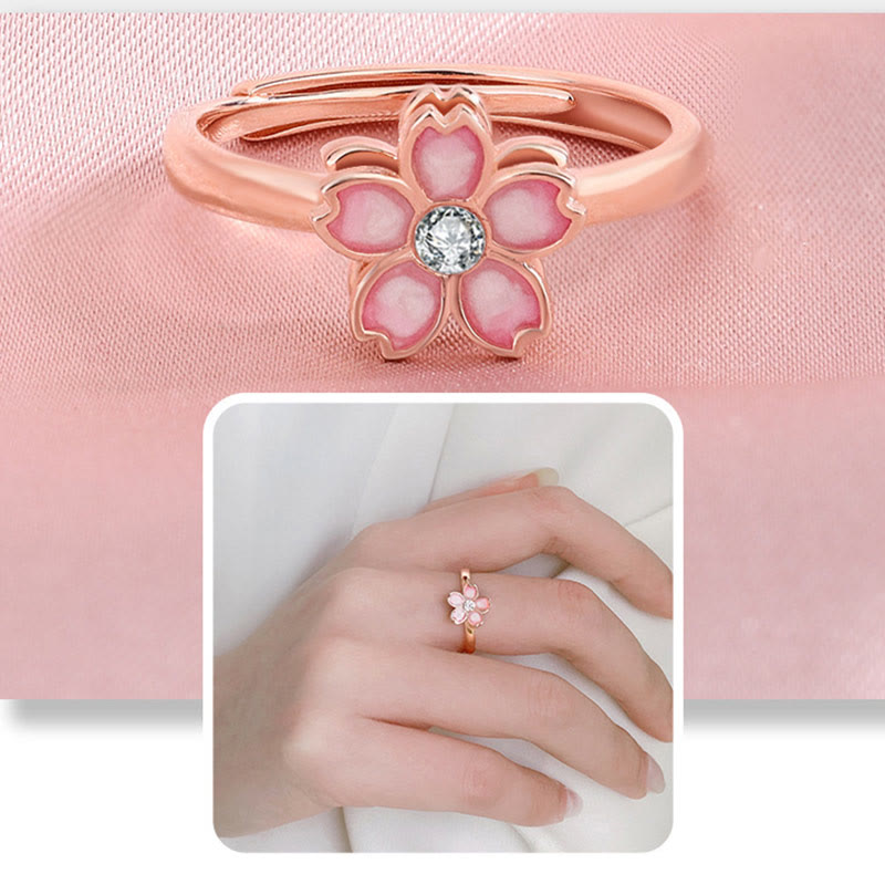 KarmaRipple's 925 Sterling Silver Cherry Blossom Blessing Chain Bracelet Rotatable Ring p21