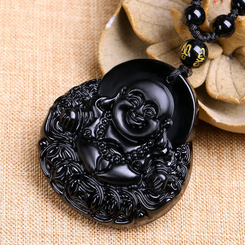 KarmaRipple's Laughing Buddha Black Obsidian Strength Protection Necklace Pendant p4