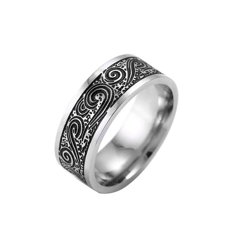 KarmaRipple's Vintage Wave Auspicious Clouds Engraved Pattern Titanium Steel Balance Ring p5