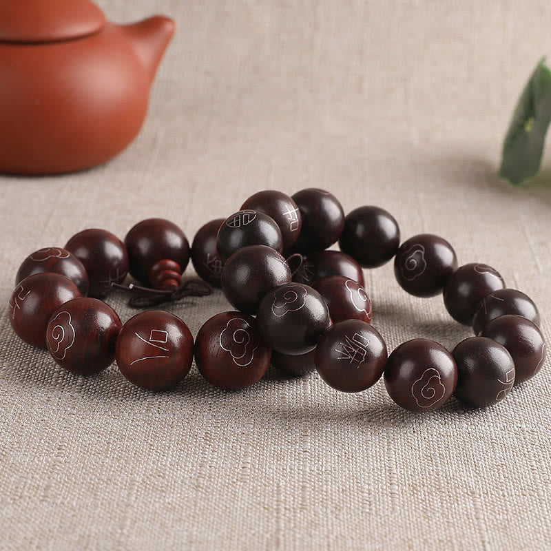 KarmaRipple's 925 Sterling Silver Inlaid Small Leaf Red Sandalwood Om Mani Padme Hum Character Auspicious Clouds Protection Bracelet p16