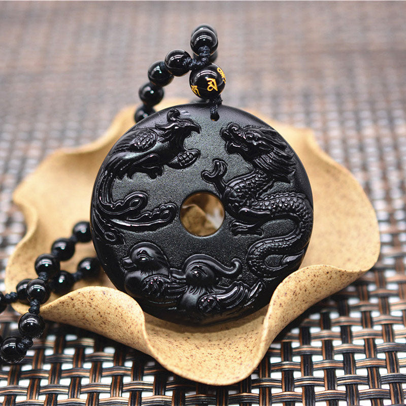 KarmaRipple's Black Obsidian Dragon Phoenix Mandarin Duck Fortune Protection Pendant Necklace p5