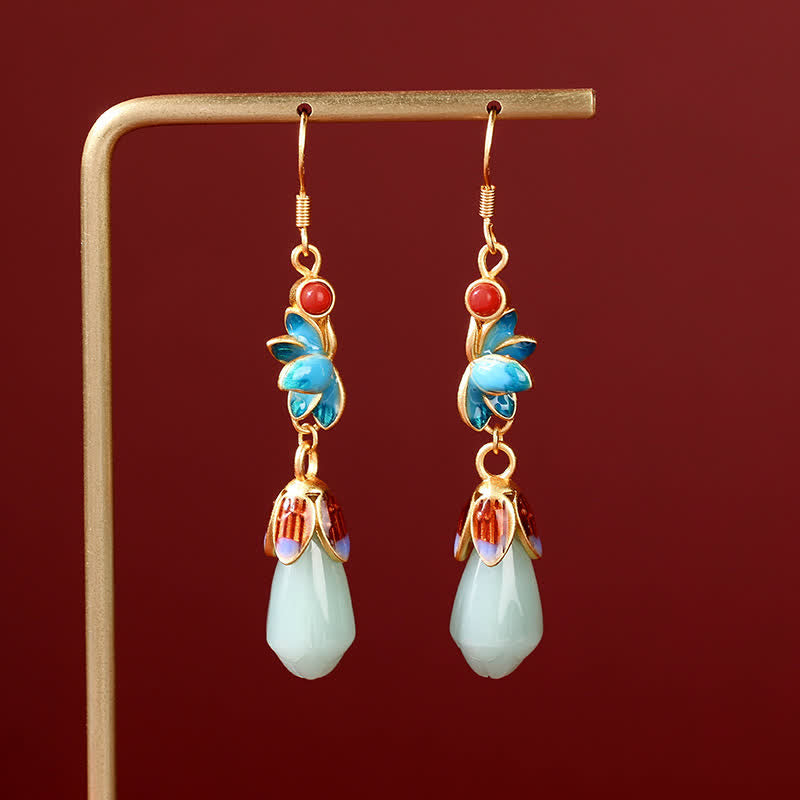 KarmaRipple's Magnolia Flower Jade Pattern Fortune Prosperity Drop Dangle Earrings p5