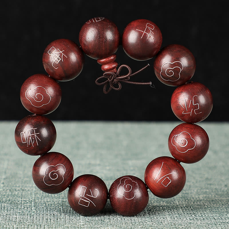 KarmaRipple's 925 Sterling Silver Inlaid Small Leaf Red Sandalwood Om Mani Padme Hum Character Auspicious Clouds Protection Bracelet p17