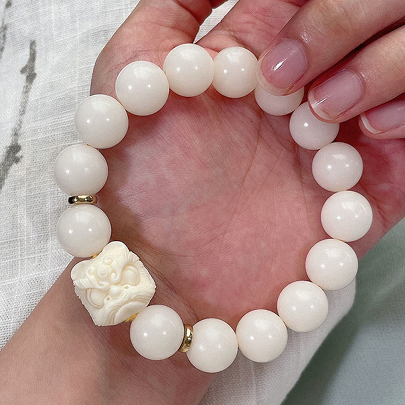 KarmaRipple's Silver Sheen Obsidian Bodhi Seed Ivory Fruit Dancing Lion Protection Bracelet p12