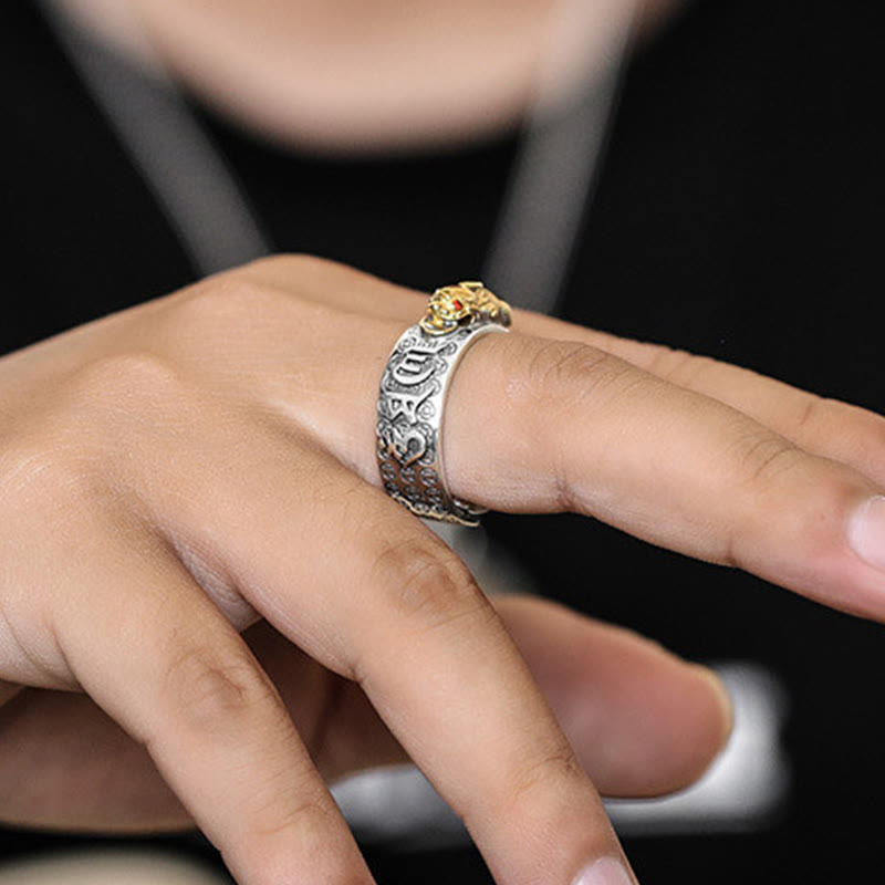 KarmaRipple's Tibetan 990 Sterling Silver Om Mani Padme Hum PiXiu Dorje Vajra Heart Sutra Engraved Wealth Ring p12