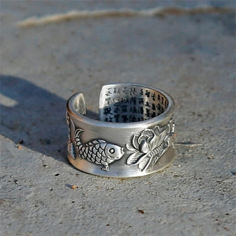 KarmaRipple's 999 Sterling Silver Fortune Koi Fish Lotus Heart Sutra Wealth Ring p7