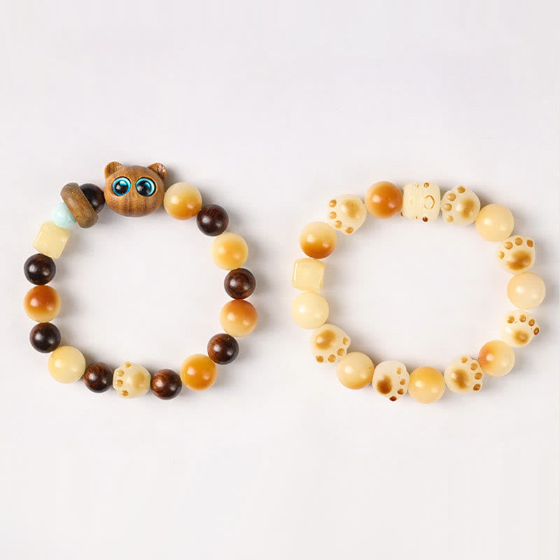 KarmaRipple's Authentic Bodhi Seed Sandalwood Fortunate Cute Cat Head Paw Claw Peace Bracelet p23