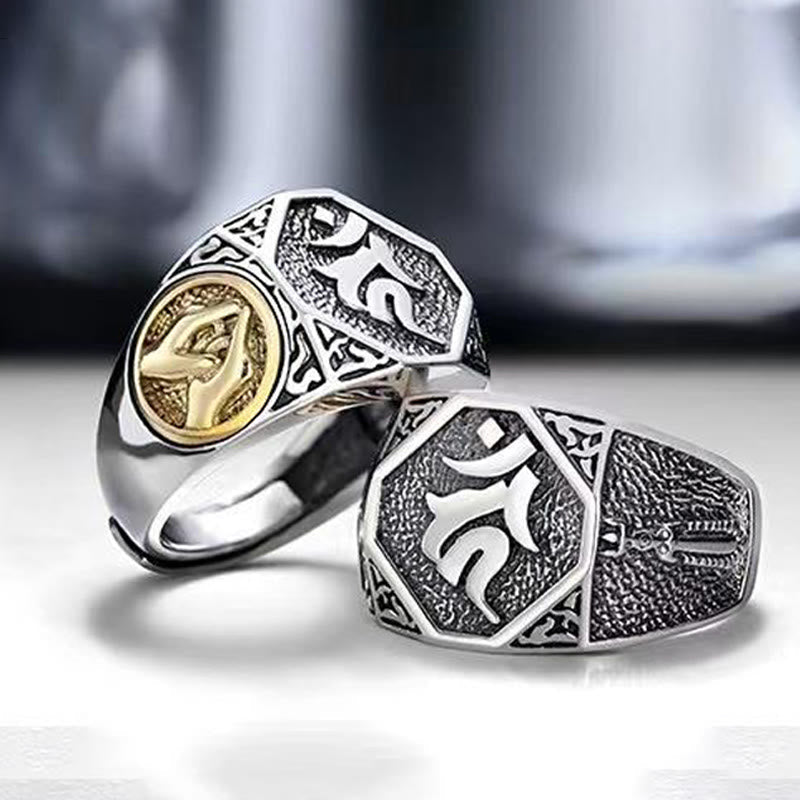 KarmaRipple's 925 Sterling Silver Sanskrit'sign Carved Protection Adjustable Ring p13