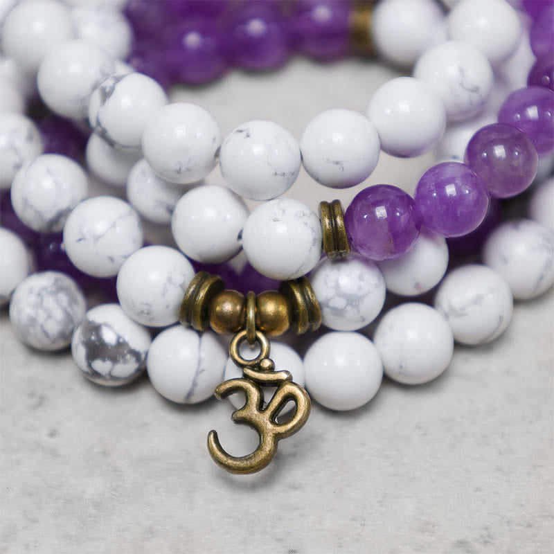 KarmaRipple's 108 Mala Beadwork Amethyst Ivory Turquoise OM Balancing Meditation Energy Bracelet p3
