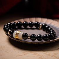 KarmaRipple's Black Obsidian Jade Om Mani Padme Hum Strength Pair Magnetic Bracelet