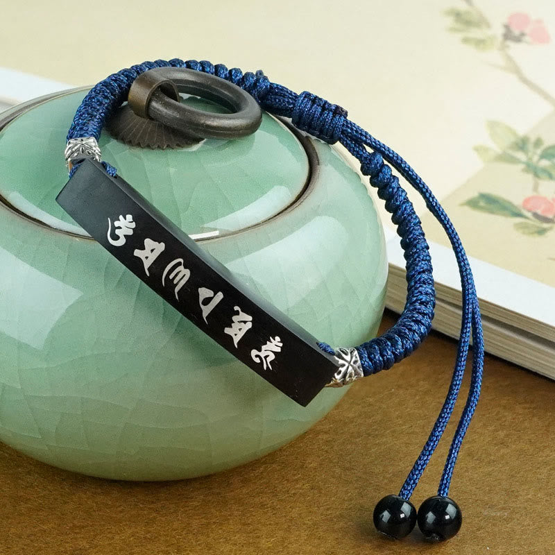 KarmaRipple's Buddhism Six True Words Wood Ebony Wood Silver Inlaid Protection Bracelet p2