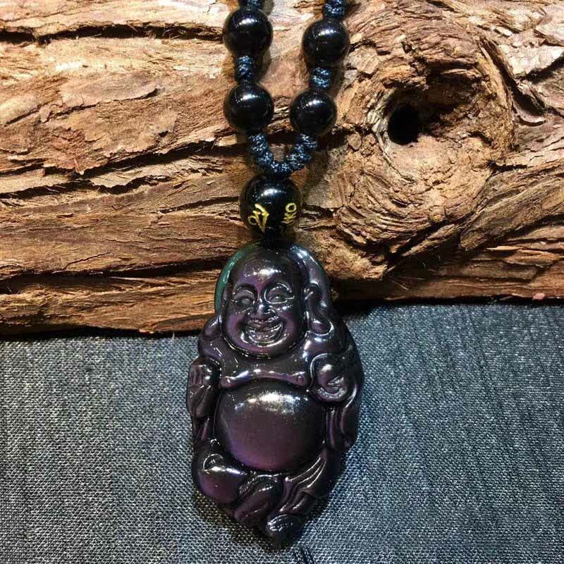 KarmaRipple's Authentic Rainbow Obsidian Laughing Buddha Inner Peace Pendant Necklace p5