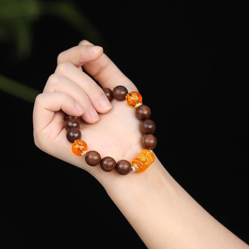 KarmaRipple's Authentic Phoebe Zhennan Wood Om Mani Padme Hum God Of Wealth Gemstone Protection Bracelet p11