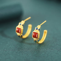 KarmaRipple's 925 Sterling Silver Red Agate Lotus Confidence Calm Stud Earrings