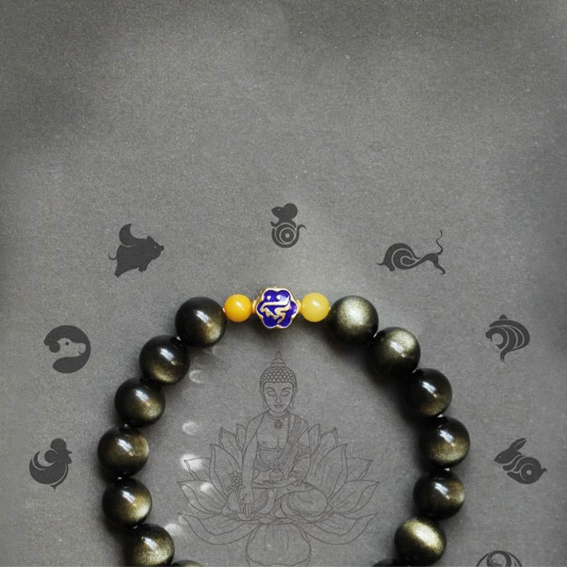 KarmaRipple's 925 Sterling Silver Chinese Zodiac Natal Buddha Authentic Gold Sheen Obsidian Amber Wealth Protection Bracelet p19
