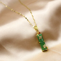 KarmaRipple's Ivory Jade Cyan Jade Bamboo Fortune Protection Pendant Necklace