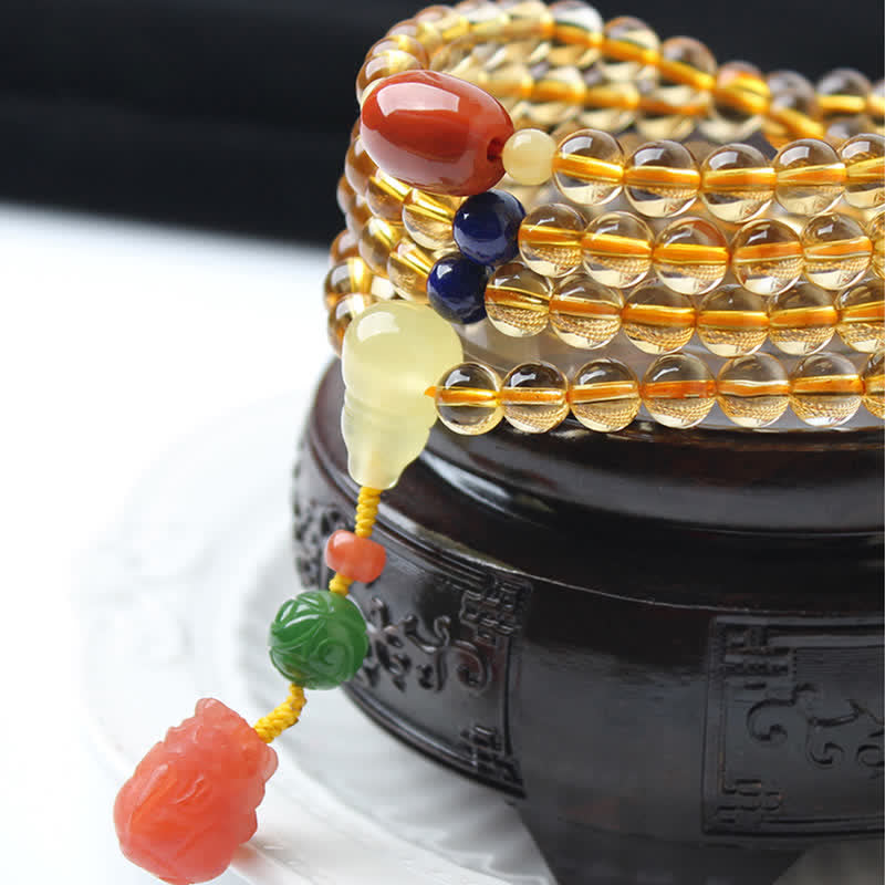KarmaRipple's 108 Mala Beadwork Authentic Citrine Amber Peace Buckle Red Agate PiXiu Protection Talisman Bracelet p21