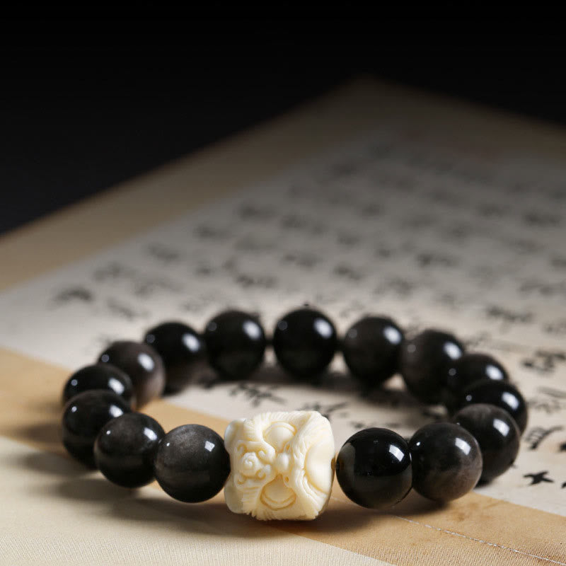 KarmaRipple's Silver Sheen Obsidian Bodhi Seed Ivory Fruit Dancing Lion Protection Bracelet p20