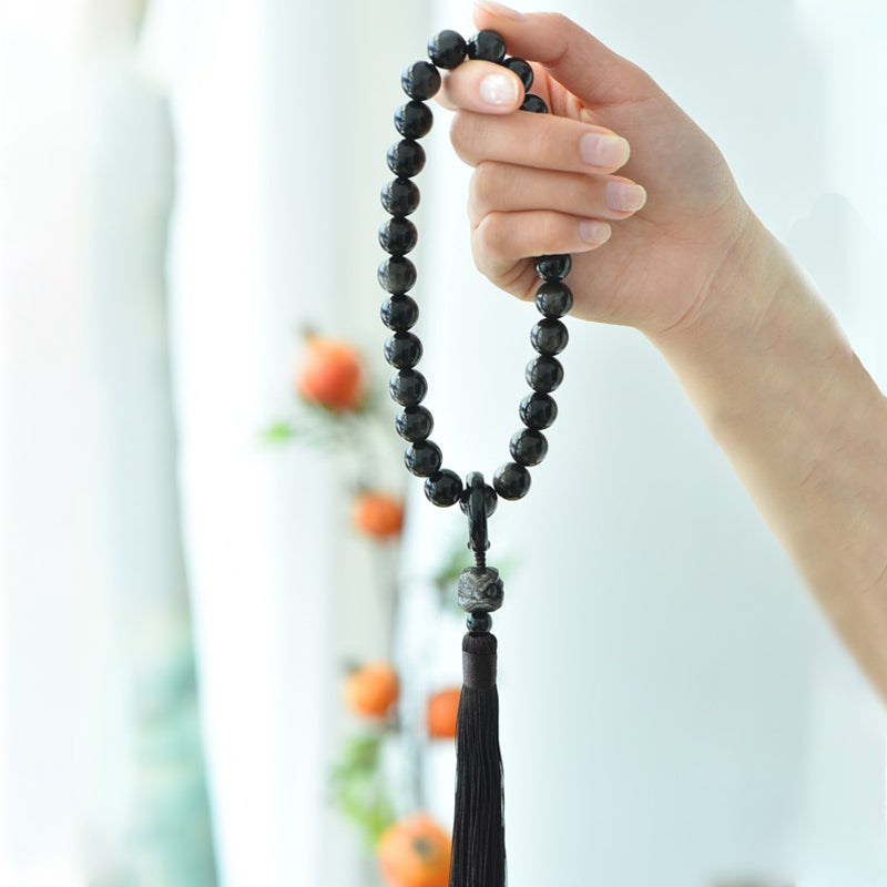 KarmaRipple's Authentic Silver Sheen Obsidian Lion Wrist Mala Protection Tassels Pocket Mala Car Decoration p4