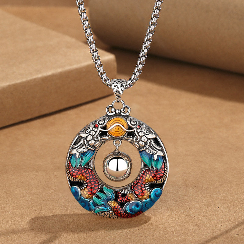 KarmaRipple's Year of the Dragon Colorful Double Dragons Playing Bead Bronze Protection Pendant Necklace p12