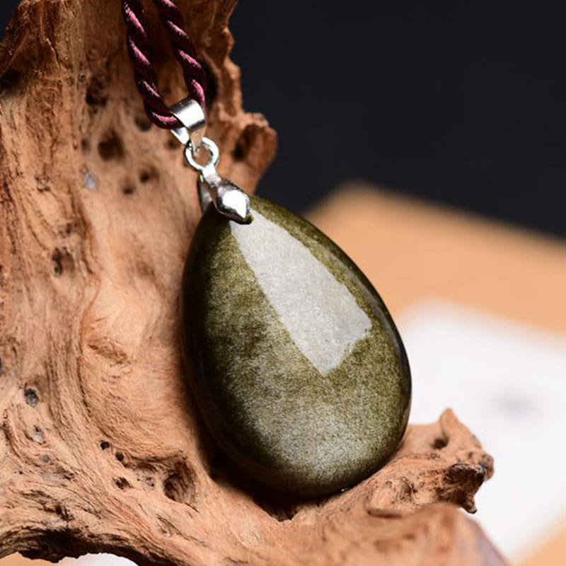 KarmaRipple's Gold Sheen Obsidian Black Obsidian Rainbow Obsidian Wealth Water Drop Pendant Necklace p1