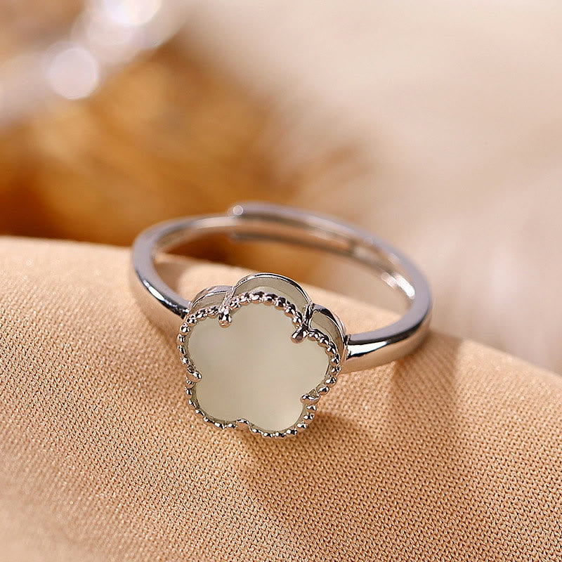 KarmaRipple's 925 Sterling Silver Plated Gold Authentic Hetian Jade Flower Fortune Pendant Necklace Ring Set p20