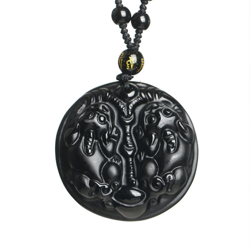 KarmaRipple's Black Obsidian Double Pixiu Bead Rope Purification Pendant Necklace p7