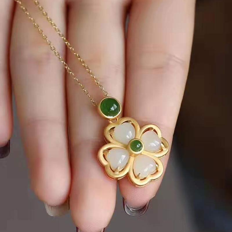 KarmaRipple's 925 Sterling Silver Fortunate Four Leaf Clover Jade Prosperity Pendant Chain Necklace p4