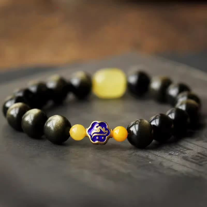KarmaRipple's 925 Sterling Silver Chinese Zodiac Natal Buddha Authentic Gold Sheen Obsidian Amber Wealth Protection Bracelet p2