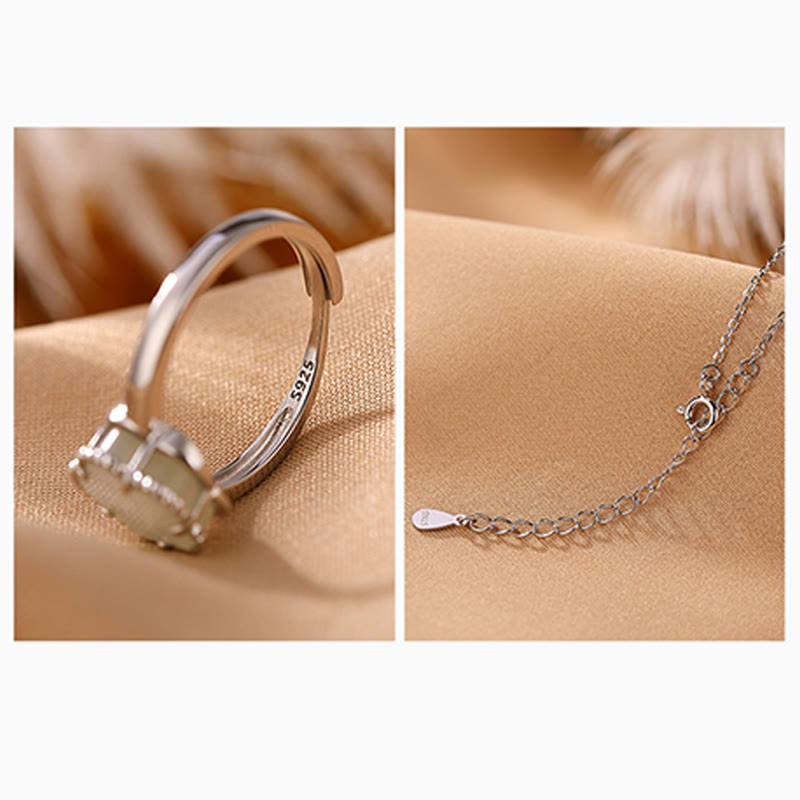 KarmaRipple's 925 Sterling Silver Plated Gold Authentic Hetian Jade Flower Fortune Pendant Necklace Ring Set p11