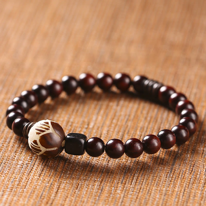 KarmaRipple's Small Leaf Red Sandalwood Lotus Bodhi Seed Carved Protection Double Wrap Bracelet p7