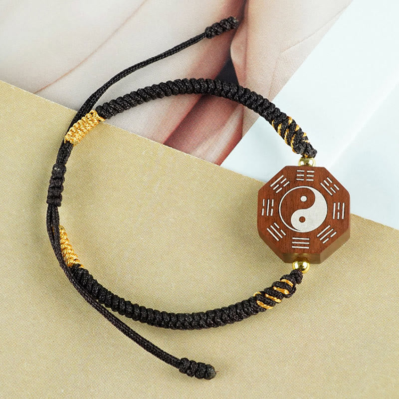 KarmaRipple's Small Leaf Red Sandalwood Jujube Wood Ebony Wood Silver Inlaid Yin Yang Bagua Big Dipper Protection Bracelet p6