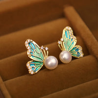 KarmaRipple's 925 Sterling Silver Posts 18K Gold Plated Bronze Authentic Pearl Butterfly Balancing Stud Earrings