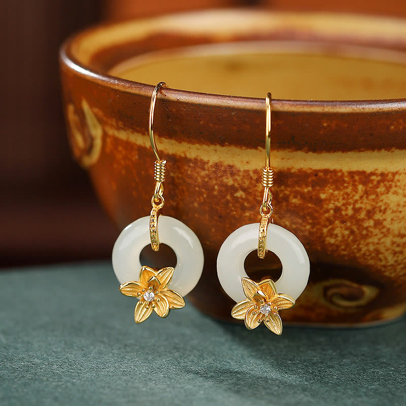 KarmaRipple's 925 Sterling Silver Hetian Jade Peace Buckle Orchid Prosperity Earrings p11