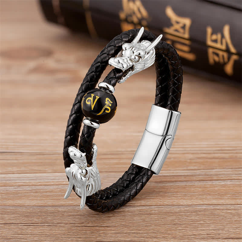 KarmaRipple's Double Dragon Head Leather Stone Titanium Steel Success Bracelet ( p17