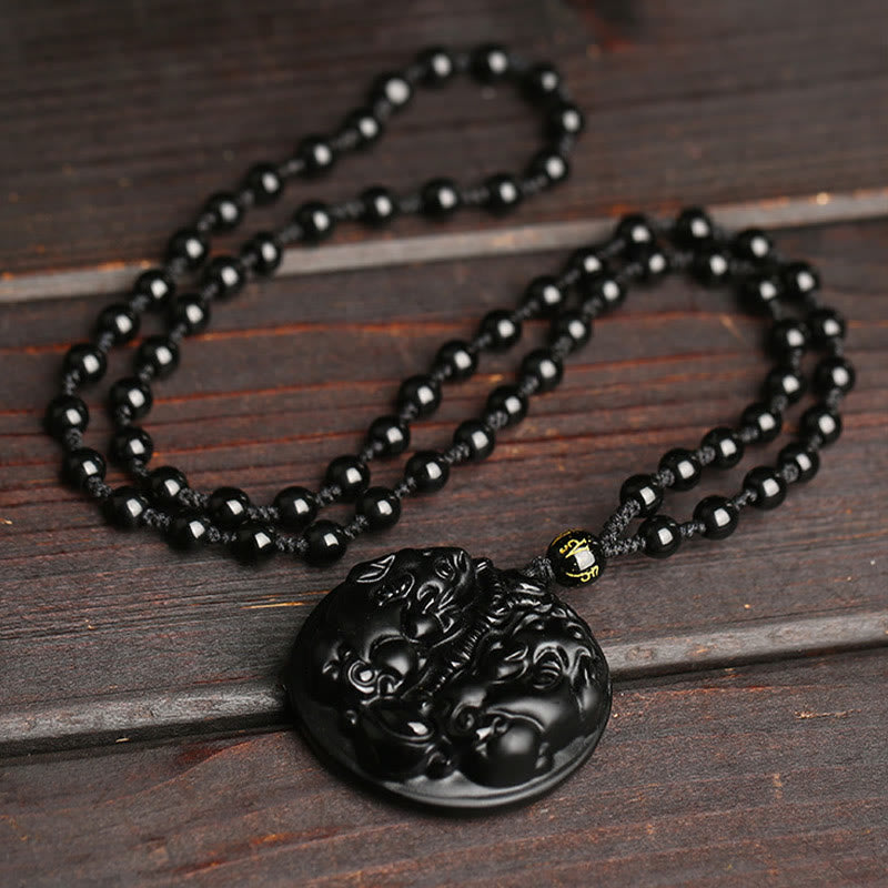 KarmaRipple's Black Obsidian Double Pixiu Bead Rope Purification Pendant Necklace p4