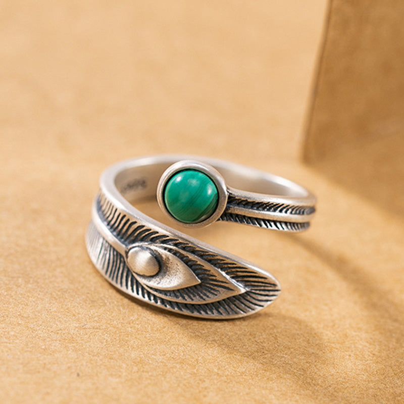 KarmaRipple's 925 Sterling Silver Malachite Bead Feather Protection Ring p2
