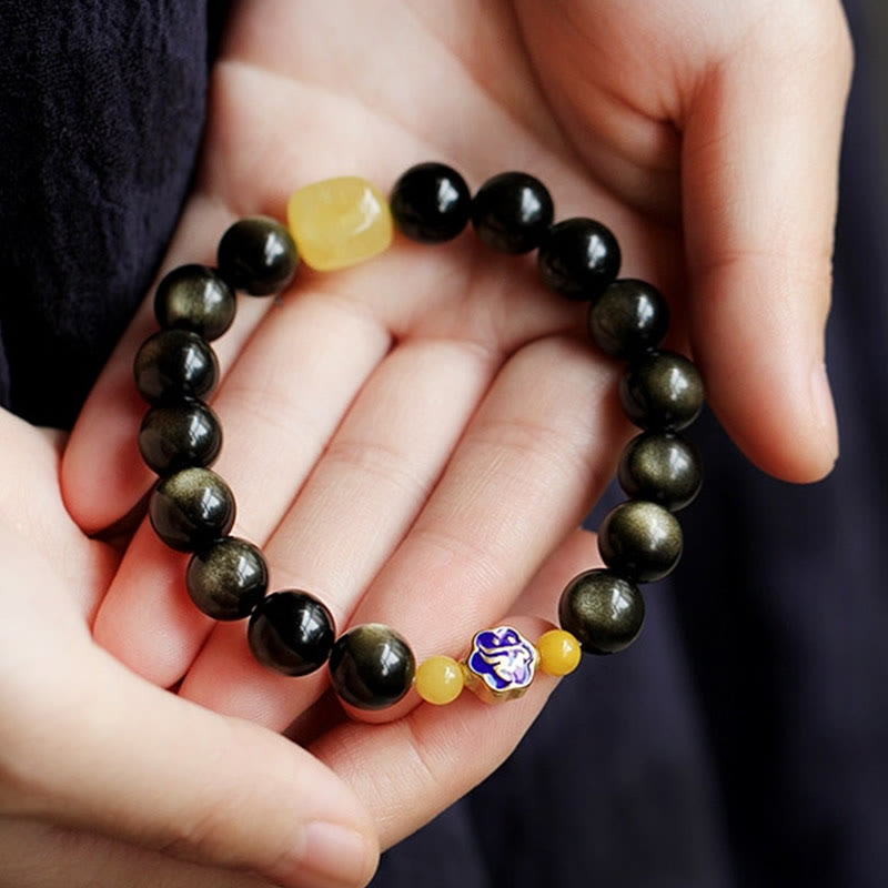 KarmaRipple's 925 Sterling Silver Chinese Zodiac Natal Buddha Authentic Gold Sheen Obsidian Amber Wealth Protection Bracelet p10