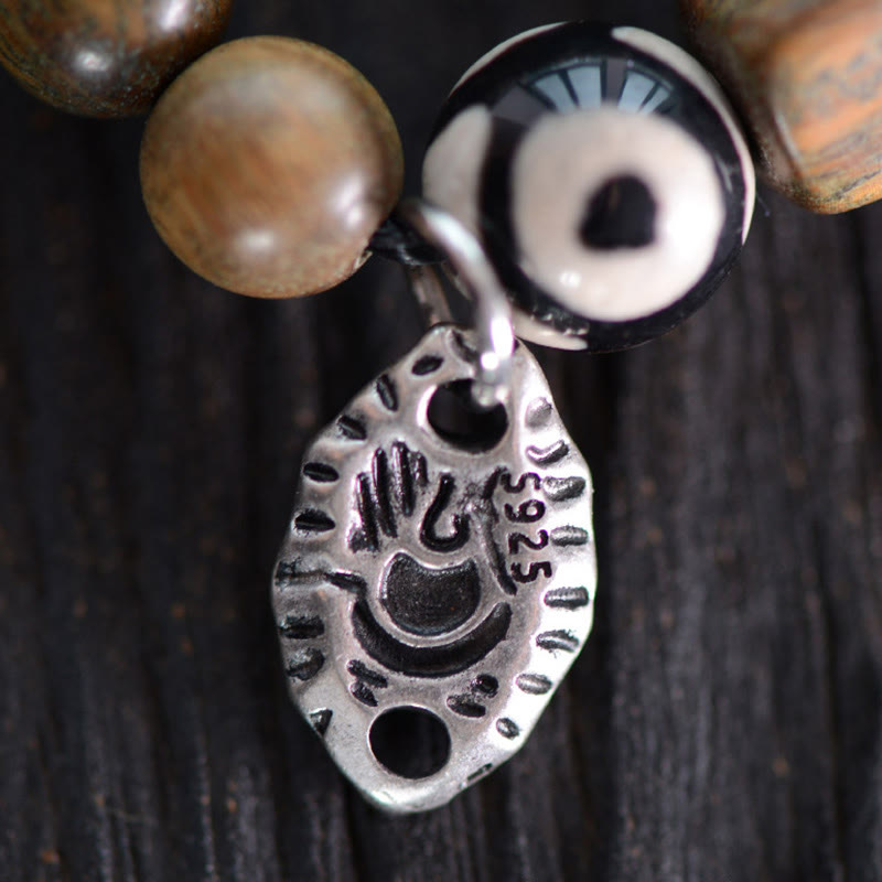 KarmaRipple's Tibetan Green Sandalwood Ebony Wood Three-eyed Dzi Bead Fu Character Balance Peace Double Wrap Bracelet p8