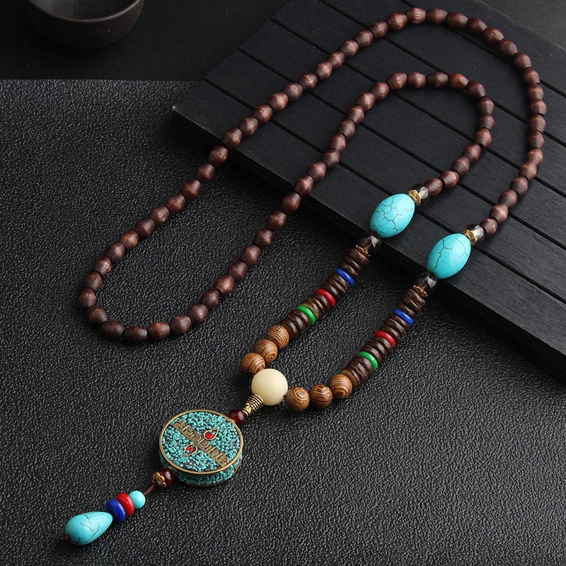KarmaRipple's Turquoise Dzi Bead Prayer Wheel Wenge Wood Meditation Pendant p11