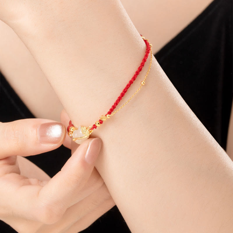 KarmaRipple's 925 Sterling Silver Plated 18K Gold Hetian Jade Ruyi Cat Cinnabar Fortune Bracelet Pendant Necklace Set p12