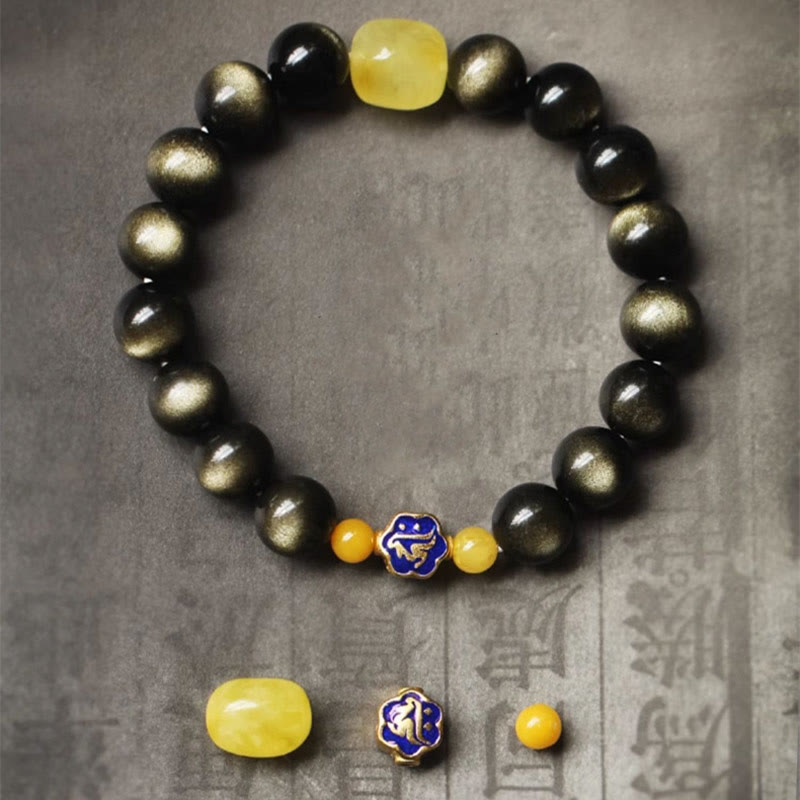 KarmaRipple's 925 Sterling Silver Chinese Zodiac Natal Buddha Authentic Gold Sheen Obsidian Amber Wealth Protection Bracelet p7