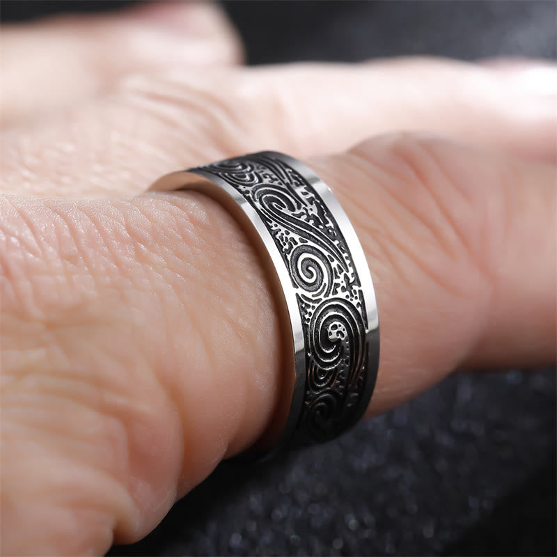 KarmaRipple's Vintage Wave Auspicious Clouds Engraved Pattern Titanium Steel Balance Ring p4