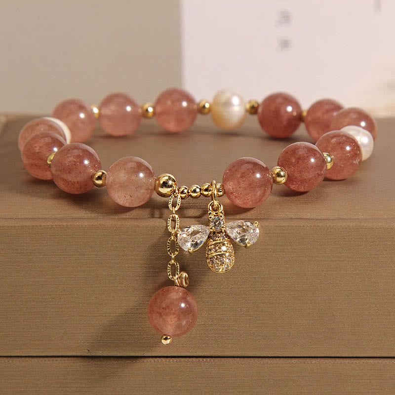 KarmaRipple's Strawberry Quartz Pearl Cute Zircon Honeybee Positive Talisman Bracelet p1