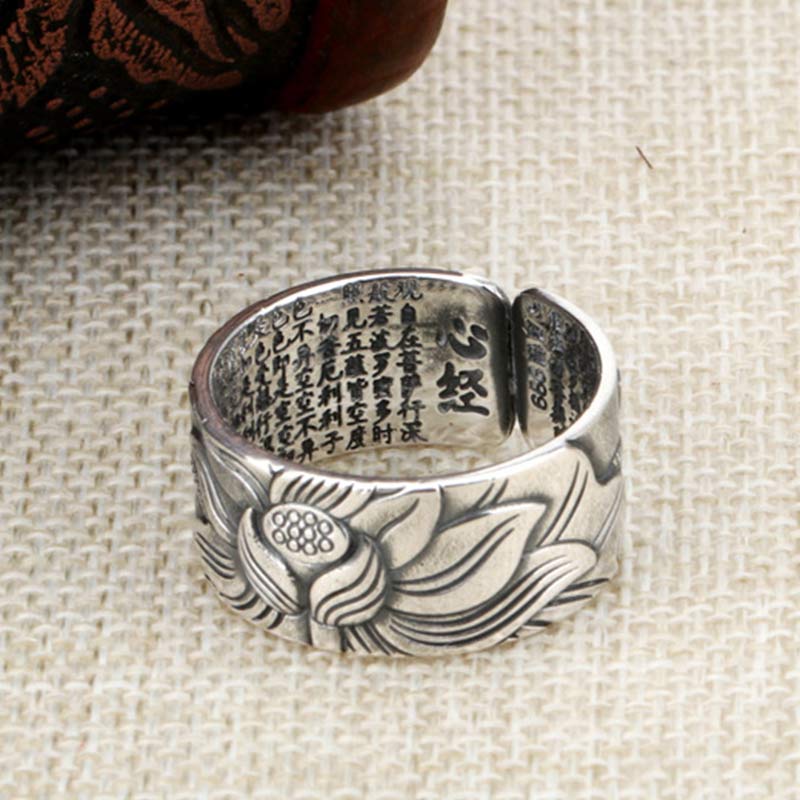 KarmaRipple's 999 Sterling Silver Lotus Symbol Heart Sutra Protection Ring p8